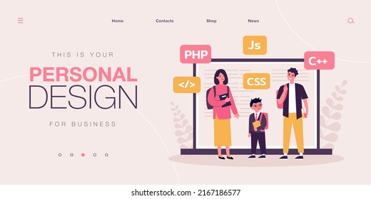 Students learning programming languages. Tiny man, woman and child engineering software code online flat vector illustration. Education, science concept for banner, website design or landing web page