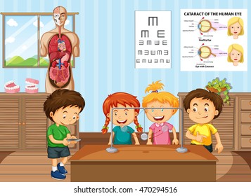 Estudiantes aprendiendo ciencia en ilustraciones en aula