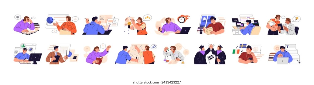 Students learning set. People study at school, read books, solve maths. Pupil prepares for exams. Language courses. Graduation. Education concept. Flat isolated vector illustration on white background