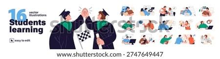 Students are learning set. Teen men and women study at school, college, university and graduate. People read books, ask, solve and get education. Flat isolated vector illustrations on white background