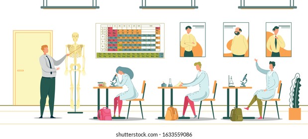 Students Learning or Studying in Chemistry and Biology Classroom Flat Cartoon Vector Illustration. Girl and Boys in Robes Sitting at Desks with Microscopes. Periodic Table on Background.