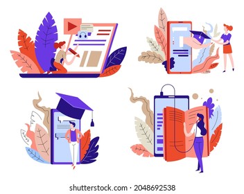Estudiantes aprendiendo y estudiando en línea, educación en internet usando recursos para disciplina y lecciones. Smartphones y biblioteca digital, tablets y auriculares para escuchar. Vector de estilo plano