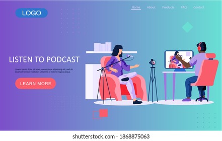Students learning through podcasts and webinars. Education and internet technology web page template with teacher sitting at the table speaking into the microphone, people communicate at a distance