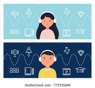 Students Learning Through Podcasts and Webinars. Education and Internet Technology. Blended Learning Concept Illustration. Vector Design