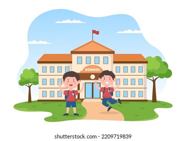 Students Leave School Building After Class or Program and Back to Home in Template Hand Drawn Cartoon Flat Style Illustration