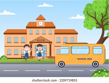 Students Leave School Building After Class or Program and Back to Home in Template Hand Drawn Cartoon Flat Style Illustration