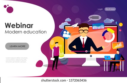 Students and lector at the LCD screen. Webinar and modern education landing page. Web seminars, webcasts and peer-level web meetings, violet palette. Website landing web page.