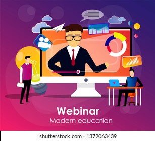 Students and lector at the LCD screen. Webinar and modern education landing page. Web seminars, webcasts and peer-level web meetings, violet palette. Website landing web page.