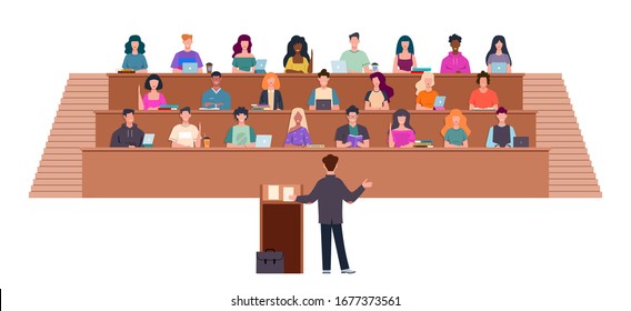 Students in lecture hall. Learning process in university, students and teacher in auditorium, professor in seminar, education vector studying concept