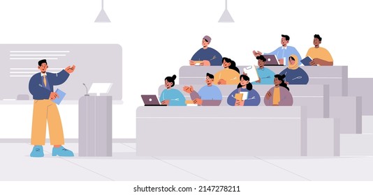 Students in lecture hall with teacher explain information. Learning process in university auditorium with scholars and professor in seminar, education, studying concept, Line art vector illustration