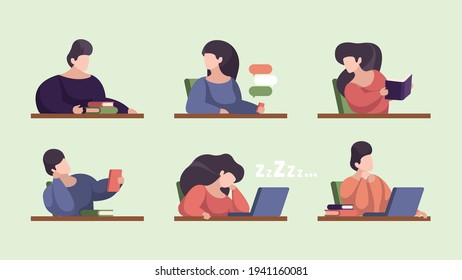 Students lecture. Lazy teens people studying in university lecture hall persona male and female sleeping talking garish vector flat stylized characters