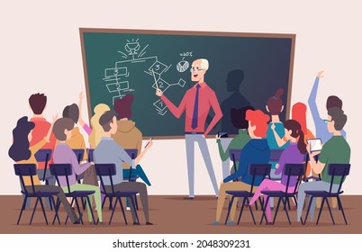 Conferencia estudiantil. Personajes de entrenamiento sentados en sillas hablan en el auditorio profesor de formación de negocios hablando exactamente vectores retrospectivos personas caricatura de fondo