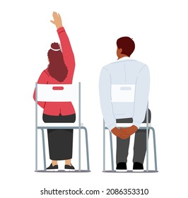 Students, Lecture or Workshop Participants in University or College. People Sitting Back View. Young Man and Woman Characters Sit on Chairs Raising Hand for Answer. Cartoon Vector Illustration