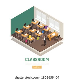Composición isométrica de los estudiantes y profesores de la escuela secundaria 3d ilustración vectorial