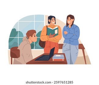 Students at lesson break hanging out and chatting. Vector illustration for study and education life. Library preparation, reading academic cooperation, teamwork research. University, college classroom