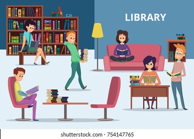 Students in library. Peoples reading books. Vector characters set. Student with book, university library illustration