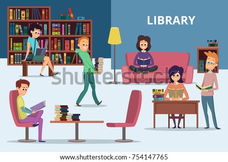 Students in library. Peoples reading books. Vector characters set. Student with book, university library illustration