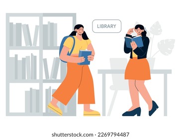 Students in the library. Reading books and education process, knowledge and study. Flat vector illustration with people