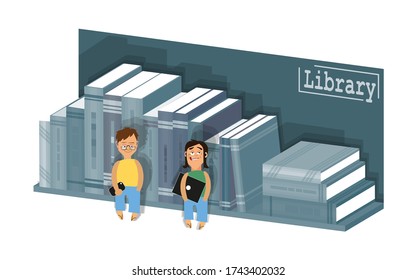 Schüler in der Bibliothek. Zwei Schüler mit Laptop und Smartphone stehen auf dem Hintergrund eines riesigen, stilisierten Regals. Vektor-Abbildung