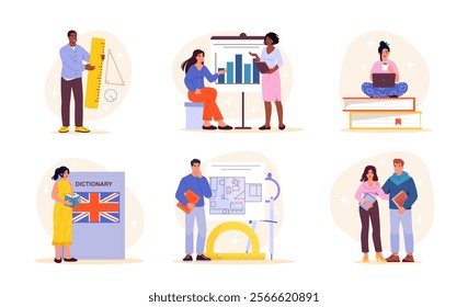 Students life set. Men and women with textbooks and dictionary. Education, learning and training. Students with huge stationery. Flat vector collection isolated on white background