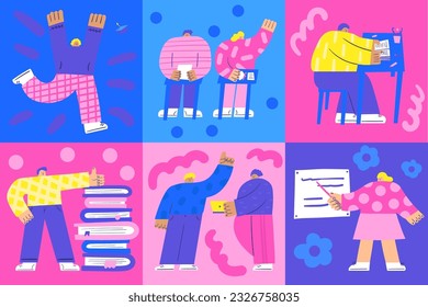 Students life in university, college. Students activities, reading, learning, graduating, doing study process. Pupils communication in classroom. Set of vector isolated classmates.