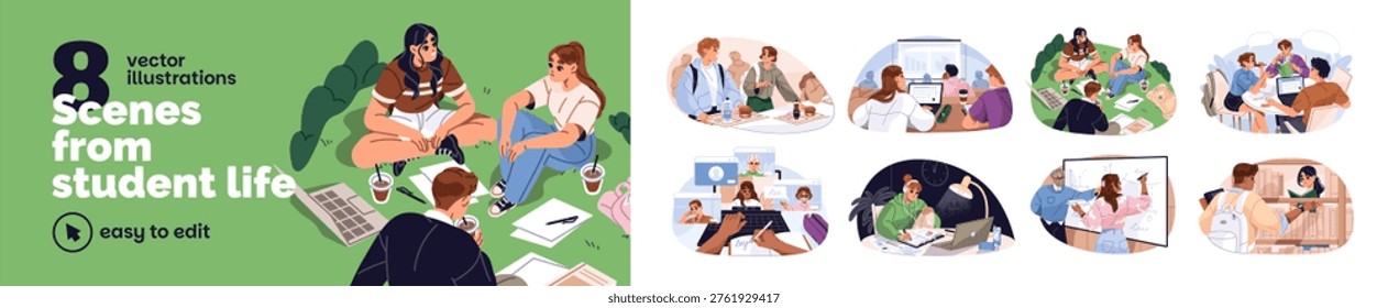 Students' life in university set. Teens are learning with books in library. Friends study together outdoors. Girls and boys are at lecture, video call. Flat isolated vector illustrations on white