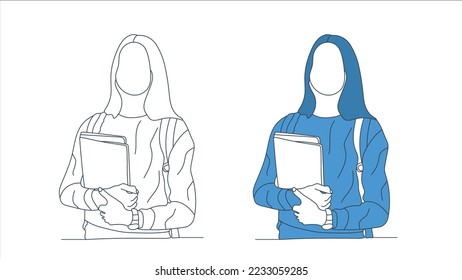 Student's line drawing with bag and book on white background. education vector illustration