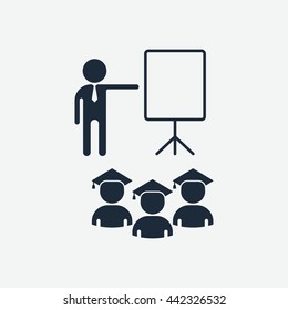 Students listen to a lecture. Flip chart for presenation. Education and management icons. Cartoon flat vector illustration. Objects isolated on a white background.