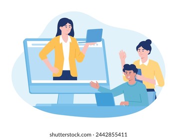 Estudiantes y estudiantes escuchan presentaciones en línea concepto de tendencia ilustración plana