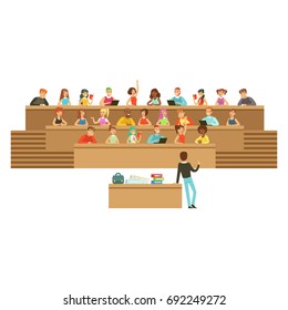 Students listening in a lecture hall in university or college, taking notes, asking questions, high school education vector Illustration