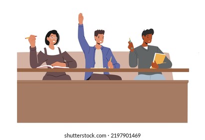 Students Listening Lecture in University Or College Hall, Characters Sitting on Tribune Taking Notes, Asking Questions, Raising Hands. High School Education Concept. Cartoon People Vector Illustration