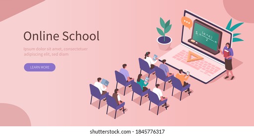 Students Listening Online Lesson at Home. Characters Sitting in Classroom, Looking at Laptop and Studying. Teacher Help them. Online Education Concept. Flat Isometric Vector  Illustration.