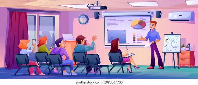 Students listening to professor or teacher in modern classroom. Business coach or leader in conference hall. Office or university interior. Seminar or presentation. Flat cartoon character vector