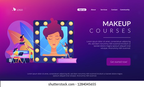 Students listening to teacher on training courses in professional makeup skills. Makeup courses, make up school, cosmetics masterclass concept. Website vibrant violet landing web page template.