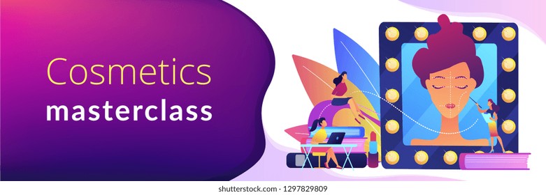 Students listening to teacher on training courses in professional makeup skills. Makeup courses, make up school, cosmetics masterclass concept. Header or footer banner template with copy space.