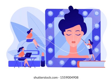 Students listening to teacher on training courses in professional makeup skills. Makeup courses, make up school, cosmetics masterclass concept. Pinkish coral bluevector isolated illustration