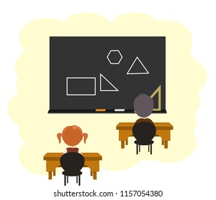 Students look at the Board and listen to the lesson. Math lesson on the black Board geometric shapes. Vector illustration isolated on white background.