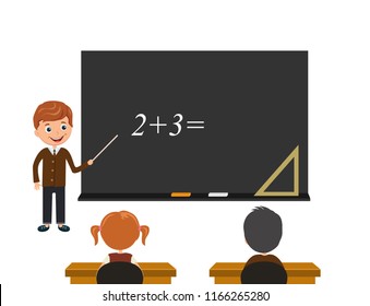 Students look at the Board and listen to the lesson. Math lesson An example is written on a black Board.  Vector illustration isolated on white background.