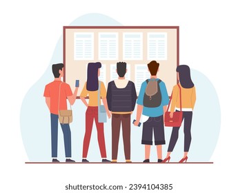 Students look at class schedule. Back view young people in college or school. Training course plan. Organizer or calendar presentation cartoon flat isolated vector education concept