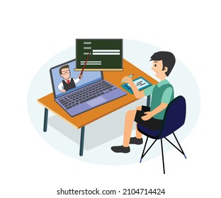 students looking at a computer screen with tablet, young people preparing for college. studying at home and taking entry exams. boys studying online class