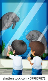 Students looking at seacows from fishtank illustration