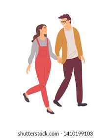 Students in love isolated people in cartoon style. Vector girl in red overalls and boy in glasses walking and holding hands. Flat design of teenagers lovers