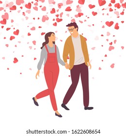 Students in love isolated people on background of hearts, Valentines day card. Vector girl in red overalls and boy in glasses walking and holding hands