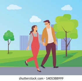 Students love walking in city park, people cartoon style. Vector girl in red overalls and boy in glasses walking and holding hands, teenagers lovers