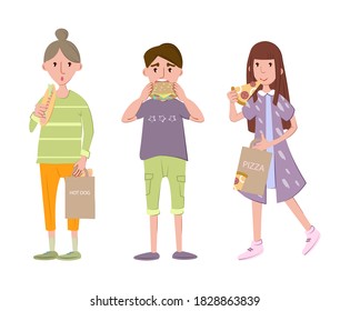 Students lunch time. Group of young people eating fast food, differents meals hot dog, hamburger, juice, pizza. Lunch of boys and girls in dining room, having break cartoon vector