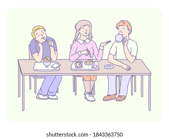 Students lunch time. Group of young people eating fast food, ice cream, sweet, drink coffee. Friends students sitting together at the table chatting communicate together and having lunch flat vector