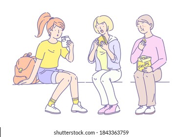 Students lunch time. Group of young people eating fast food, hot dog, chips. Friends students sitting together on bench chatting communicate together and having lunch flat vector