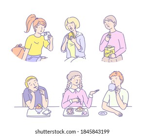 Students lunch time. Group of young people eating fast food, ice cream, sweet, chips, hamburger, drink coffee. Friends people sitting together chatting communicate together and having lunch vector