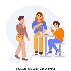 Students lunch time. Group of young people eating fast food, drink coffee, eat hot dog. Friends people sitting together chatting communicate together and having lunch flat vector