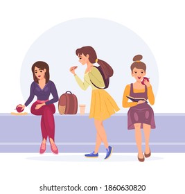 Students lunch time. Group of young people eating fast food, drink coffee, eat hot dog, apple. Meeting friends. People sitting together chatting communicate together and having lunch cartoon vector